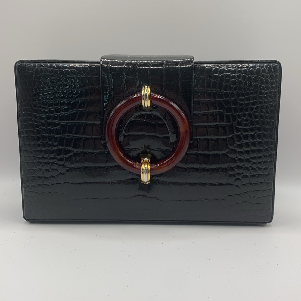 VINTAGE BOX HANDBAG BY DORIAN BLACK PRINTED FAUX REPTILE LOOK WITH FOLD OVER